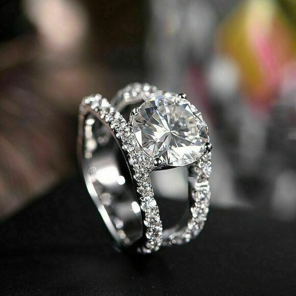 Lovely Unique Flower Shape CZ Double Layer Silver Romantic Women Rings, K928 - Picture 3 of 6